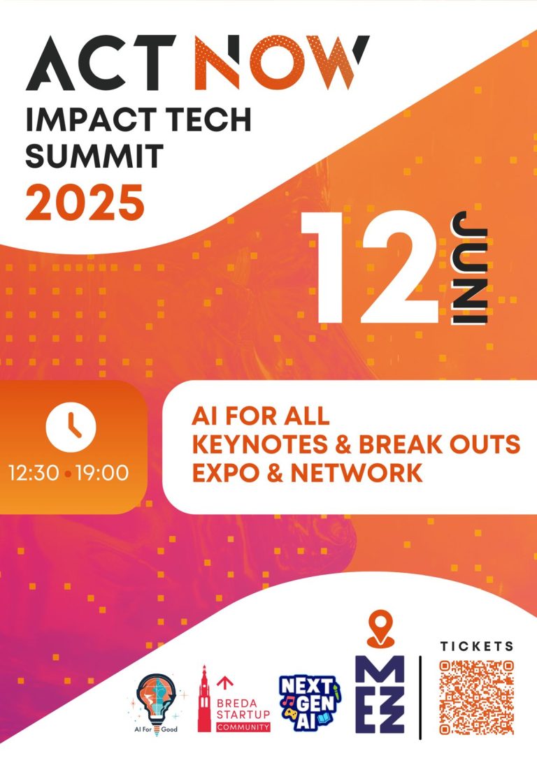 Poster of ACT NOW Impact Tech Summit 2025 on June 12, with info on AI keynotes, breakouts and networking