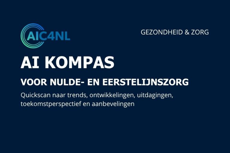 Donkerblauw vlak met daarin de tekst AI-Kompas voor de nulde en eerstelijnszorg.