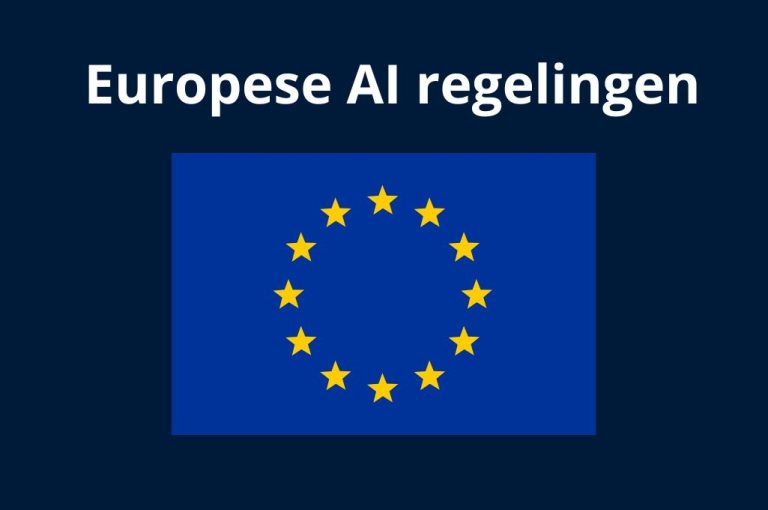 Donkerblauw vlak met daarin de tekst Europese AI regelingen en een Europese Vlag eronder.