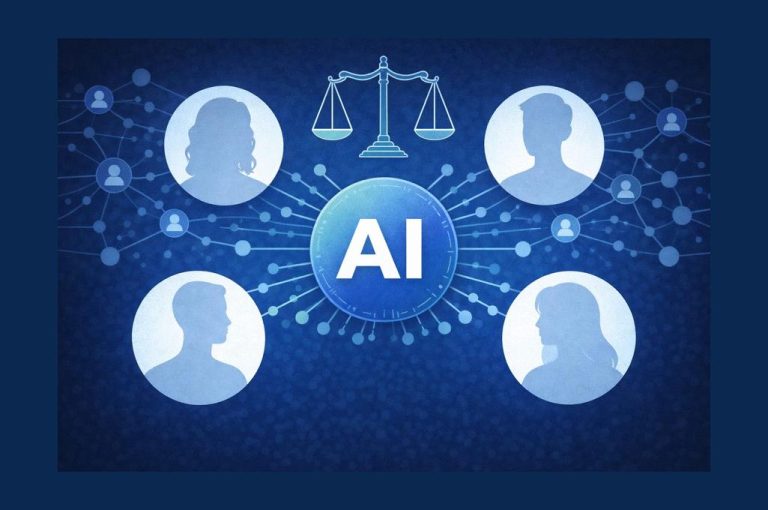 Illustratie van AI in HR met menselijke besluitvorming en ethiek, weergegeven met silhouetten en een weegschaal, gegenereerd met AI.