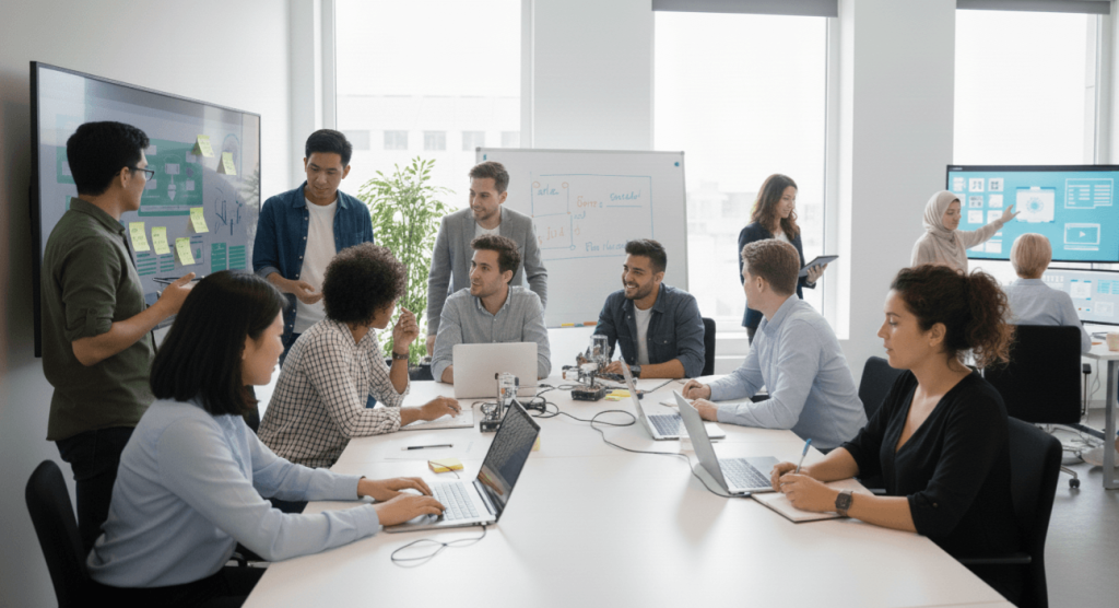 Groep mensen zittend en staand aan een tafel die samenwerken aan een project.
