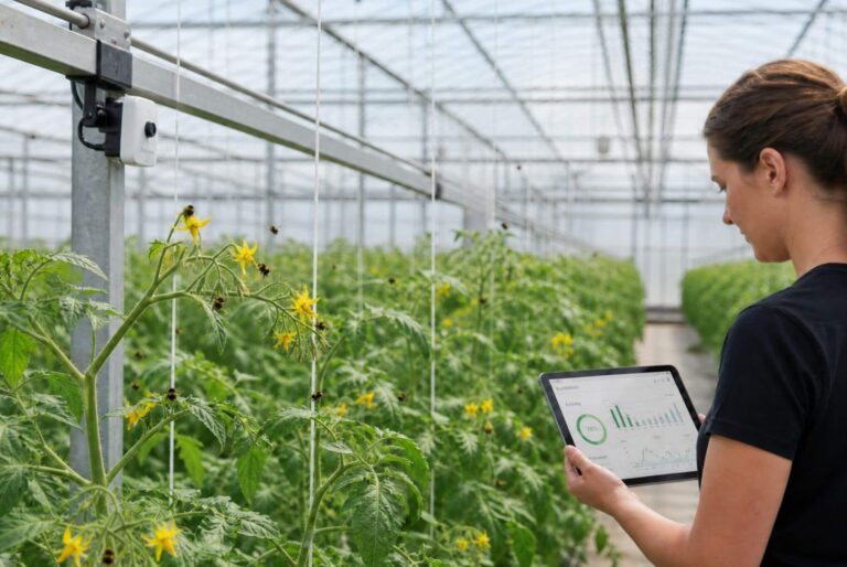 Een vrouw in een kas bekijkt op een tablet gegevens terwijl hommels rondvliegen bij bloeiende tomatenplanten die in rijen hangen.