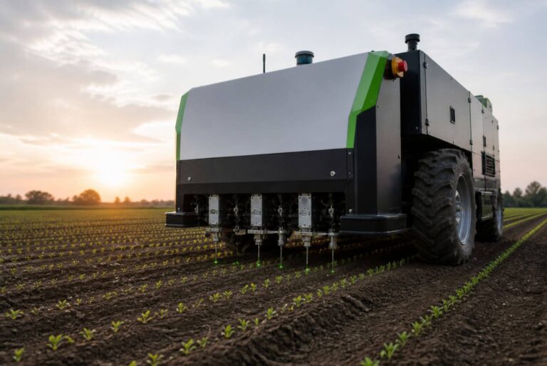 Een autonome landbouwrobot rijdt over een akker met jonge plantjes in rijen en gebruikt sensoren of lasers om nauwkeurig tussen de gewassen te werken, terwijl de zon laag aan de horizon staat.