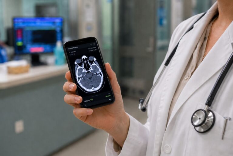 Zorgprofessional gebruikt AI-technologie om medische beeldvorming sneller en nauwkeuriger te analyseren.