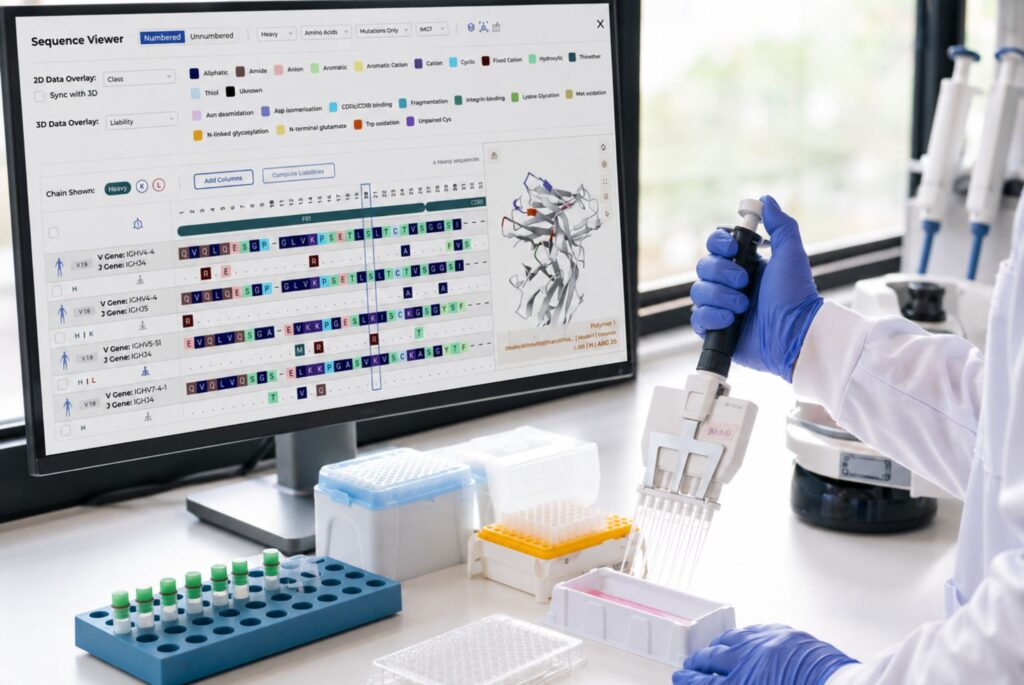 AI assists researchers in analyzing biological sequence data in a laboratory setting.