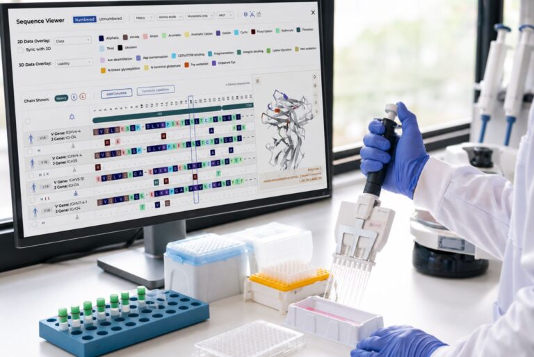 AI ondersteunt onderzoeker bij het analyseren van biologische sequentiedata in een laboratoriumomgeving.