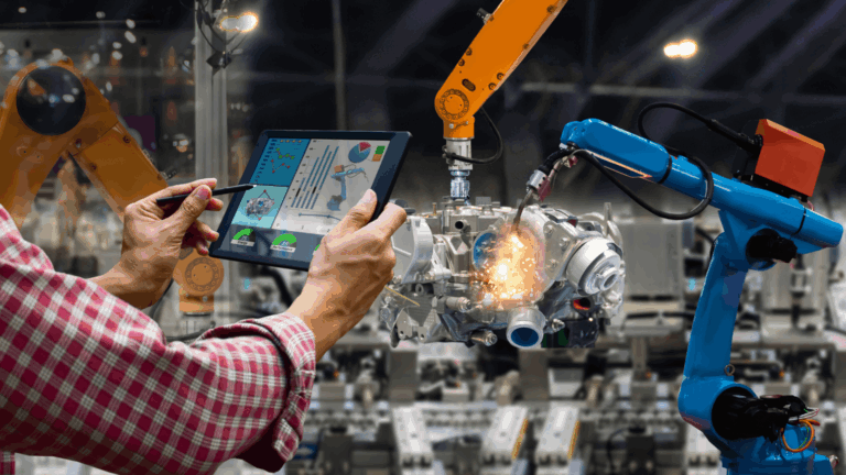 Slimme productielijn met industriële robots en AI-gestuurde monitoring van productieprocessen.