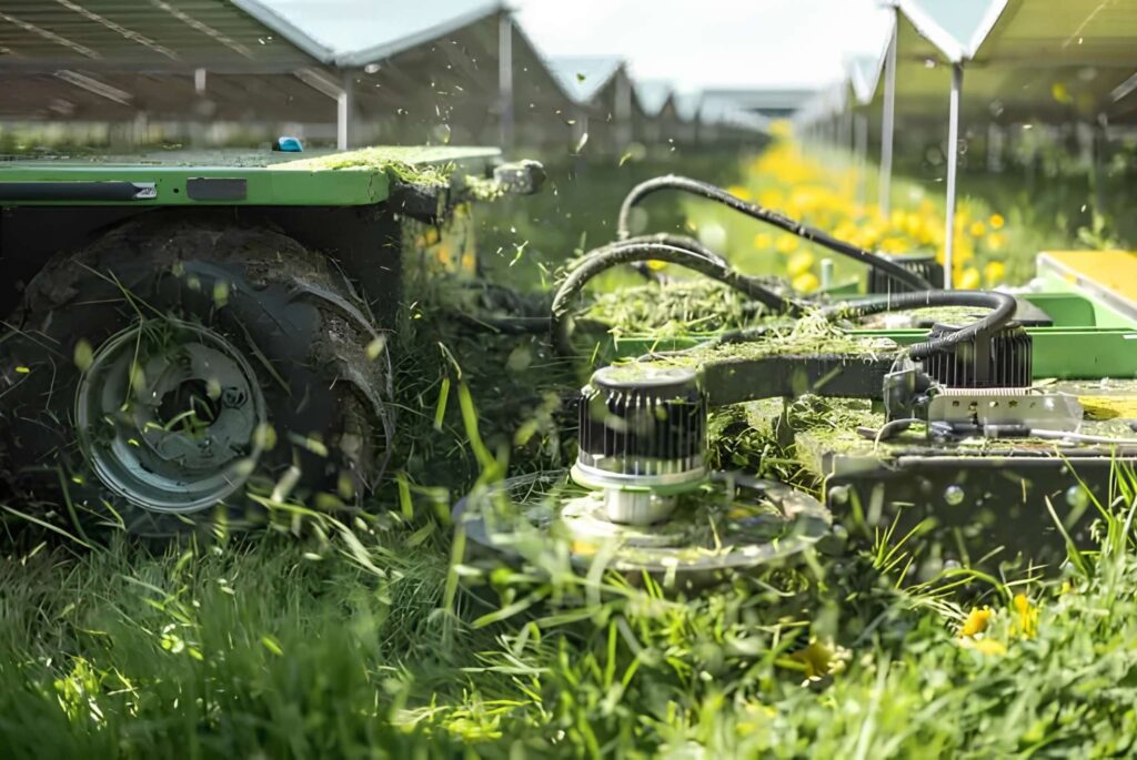 An autonomous mowing robot cuts grass under solar panels as an example of AI and robotics in agriculture and renewable energy.
