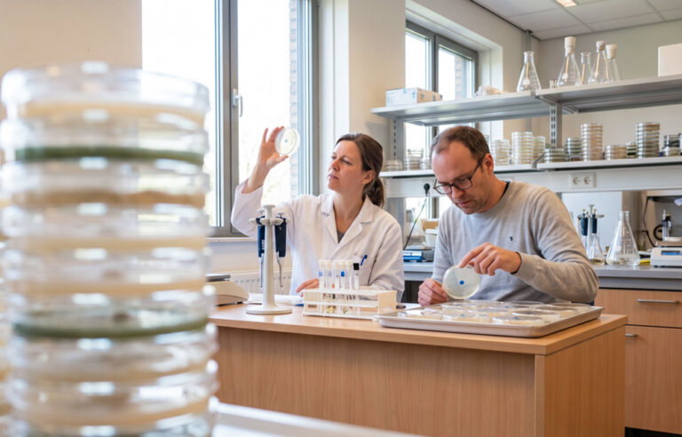 Een man en een vrouw in een labomgeving aan het werk.